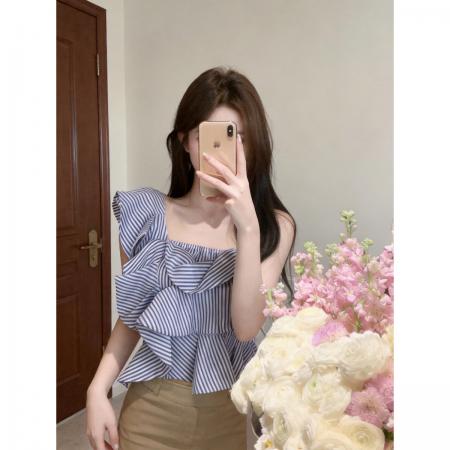 BY16508# 单肩上衣女设计感小众吊带不规则荷叶边短款条纹衬衫  服裝批發女裝批發服飾貨源