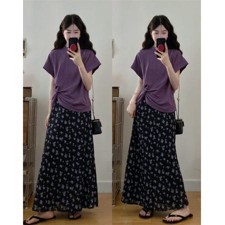 BY16510# 大码夏季新款胖MM设计感扭结掐腰短袖T恤碎花半身裙两件套  服裝批發女裝批發服飾貨源