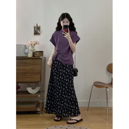 BY16510# 大码夏季新款胖MM设计感扭结掐腰短袖T恤碎花半身裙两件套  服裝批發女裝批發服飾貨源