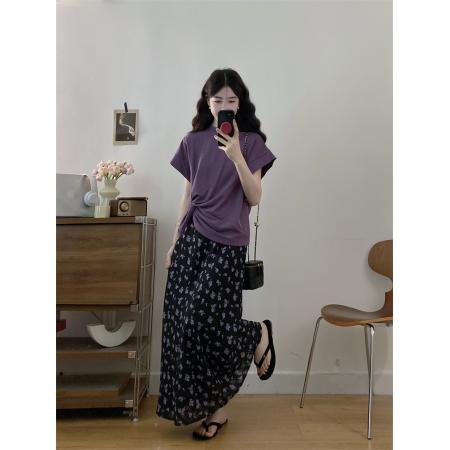 BY16510# 大码夏季新款胖MM设计感扭结掐腰短袖T恤碎花半身裙两件套  服裝批發女裝批發服飾貨源