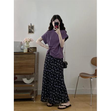 BY16510# 大码夏季新款胖MM设计感扭结掐腰短袖T恤碎花半身裙两件套  服裝批發女裝批發服飾貨源