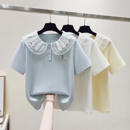 BY16511# 夏季新款学院风蕾丝娃娃领小马刺绣百搭短袖T恤  服裝批發女裝批發服飾貨源