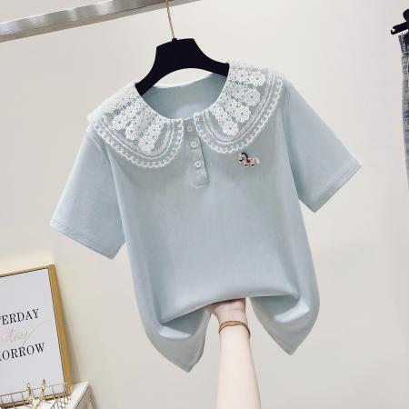 BY16511# 夏季新款学院风蕾丝娃娃领小马刺绣百搭短袖T恤  服裝批發女裝批發服飾貨源