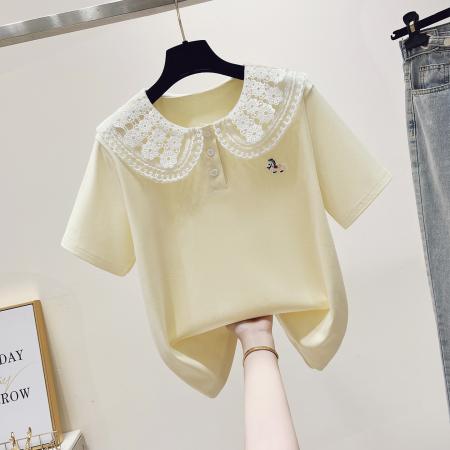 BY16511# 夏季新款学院风蕾丝娃娃领小马刺绣百搭短袖T恤  服裝批發女裝批發服飾貨源