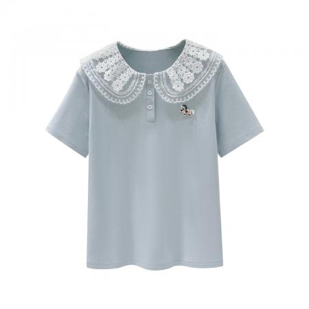 BY16511# 夏季新款学院风蕾丝娃娃领小马刺绣百搭短袖T恤  服裝批發女裝批發服飾貨源