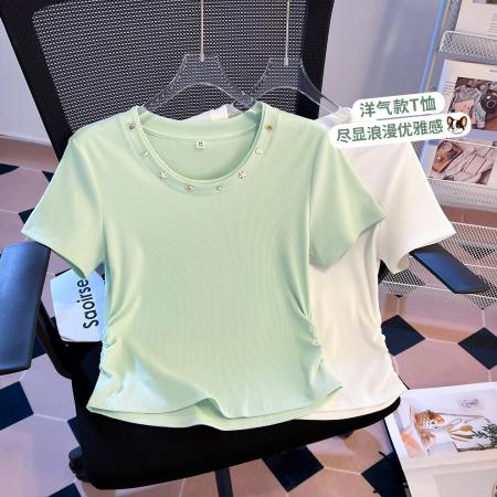 BY16512# 夏季新款韩版甜美小清新修身显瘦圆领短袖上衣女  服裝批發女裝批發服飾貨源