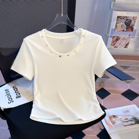 BY16512# 夏季新款韩版甜美小清新修身显瘦圆领短袖上衣女  服裝批發女裝批發服飾貨源