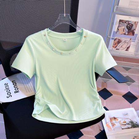 BY16512# 夏季新款韩版甜美小清新修身显瘦圆领短袖上衣女  服裝批發女裝批發服飾貨源