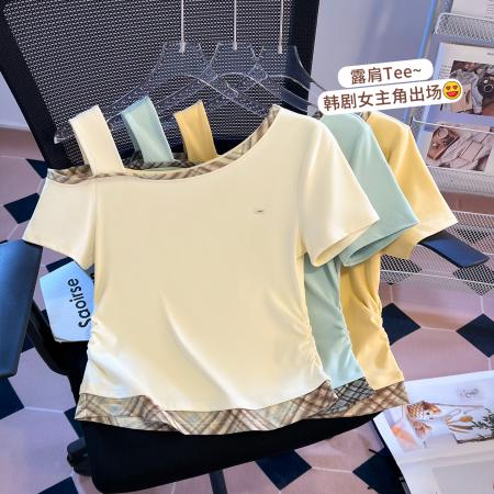 BY16513# 新款甜美斜肩温柔风短袖T恤格子拼色网红显瘦上衣  服裝批發女裝批發服飾貨源