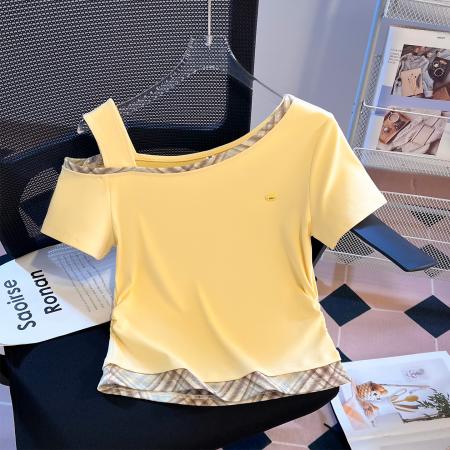 BY16513# 新款甜美斜肩温柔风短袖T恤格子拼色网红显瘦上衣  服裝批發女裝批發服飾貨源