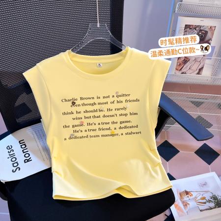 BY16514# 夏季新款飞飞袖印花腰部抽褶显瘦百搭短袖T恤  服裝批發女裝批發服飾貨源