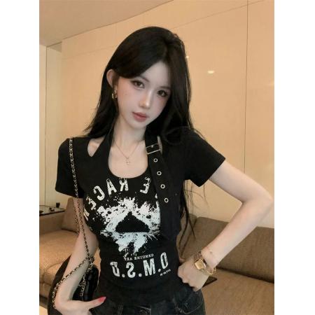 BY16515# 夏季新款挂脖卡扣设计感字母印花T恤百搭时尚打底衫  服裝批發女裝批發服飾貨源