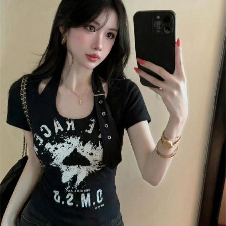 BY16515# 夏季新款挂脖卡扣设计感字母印花T恤百搭时尚打底衫  服裝批發女裝批發服飾貨源