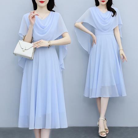 夏季法式设计师感纯色时尚显瘦松紧腰轻奢中长款V领连衣裙  服裝批發女裝批發服飾貨源