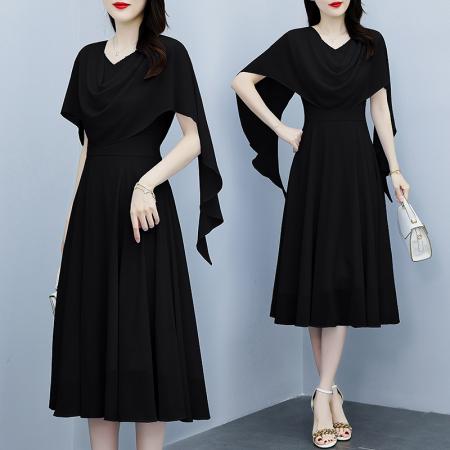 BY16516# 夏季法式设计师感纯色时尚显瘦松紧腰轻奢中长款V领连衣裙  服裝批發女裝批發服飾貨源