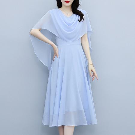 BY16516# 夏季法式设计师感纯色时尚显瘦松紧腰轻奢中长款V领连衣裙  服裝批發女裝批發服飾貨源