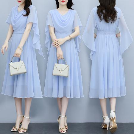 BY16516# 夏季法式设计师感纯色时尚显瘦松紧腰轻奢中长款V领连衣裙  服裝批發女裝批發服飾貨源