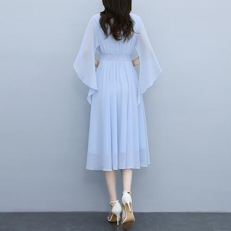 BY16516# 夏季法式设计师感纯色时尚显瘦松紧腰轻奢中长款V领连衣裙  服裝批發女裝批發服飾貨源