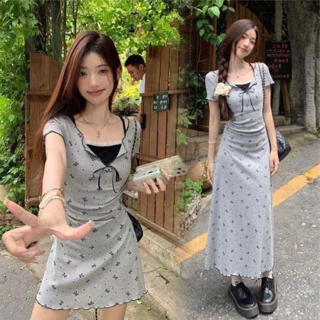 BY16517# 印花包臀裙显瘦女蕾丝纯欲短袖收腰气质A字夏季高级感连衣裙花边  服裝批發女裝批發服飾貨源