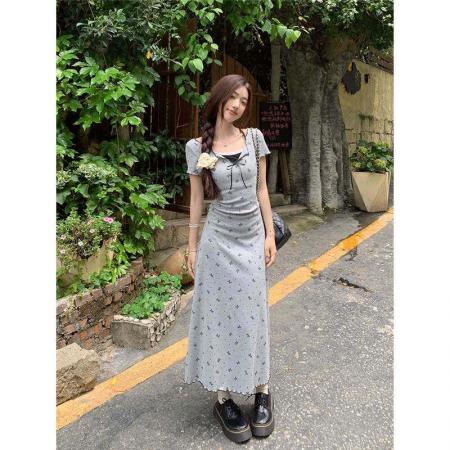 BY16517# 印花包臀裙显瘦女蕾丝纯欲短袖收腰气质A字夏季高级感连衣裙花边  服裝批發女裝批發服飾貨源