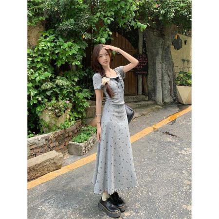 BY16517# 印花包臀裙显瘦女蕾丝纯欲短袖收腰气质A字夏季高级感连衣裙花边  服裝批發女裝批發服飾貨源