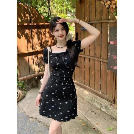 BY16517# 印花包臀裙显瘦女蕾丝纯欲短袖收腰气质A字夏季高级感连衣裙花边  服裝批發女裝批發服飾貨源