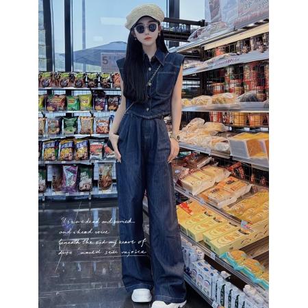 BY16518# 韩版休闲时尚牛仔套装女夏新款洋气复古无袖衬衫直筒阔腿裤两件套  服裝批發女裝批發服飾貨源