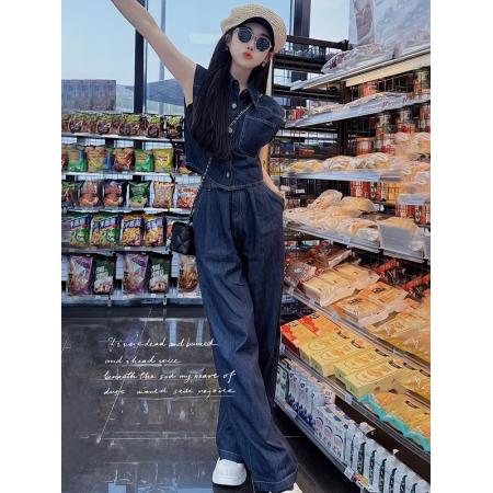 BY16518# 韩版休闲时尚牛仔套装女夏新款洋气复古无袖衬衫直筒阔腿裤两件套  服裝批發女裝批發服飾貨源