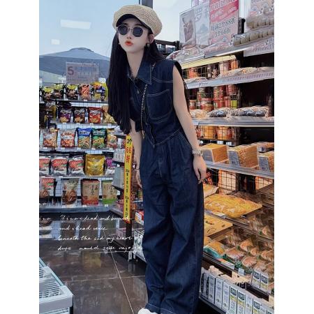 BY16518# 韩版休闲时尚牛仔套装女夏新款洋气复古无袖衬衫直筒阔腿裤两件套  服裝批發女裝批發服飾貨源