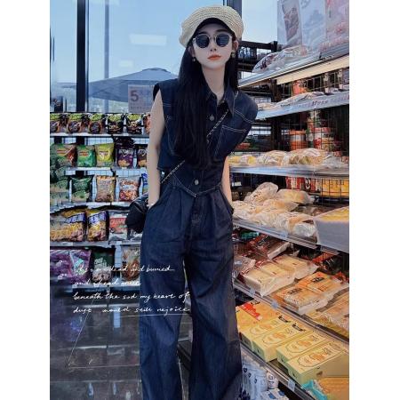 BY16518# 韩版休闲时尚牛仔套装女夏新款洋气复古无袖衬衫直筒阔腿裤两件套  服裝批發女裝批發服飾貨源