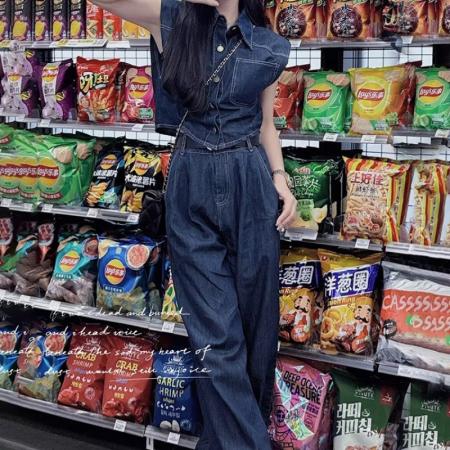 BY16518# 韩版休闲时尚牛仔套装女夏新款洋气复古无袖衬衫直筒阔腿裤两件套  服裝批發女裝批發服飾貨源