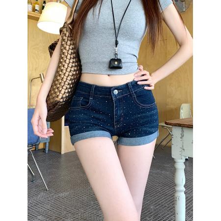 BY16519# 复古烫钻翻边牛仔短裤女夏季辣妹显瘦高腰包臀裤子a字热裤  服裝批發女裝批發服飾貨源