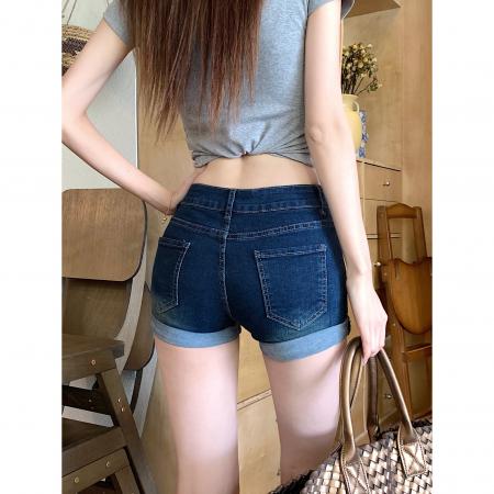 BY16519# 复古烫钻翻边牛仔短裤女夏季辣妹显瘦高腰包臀裤子a字热裤  服裝批發女裝批發服飾貨源