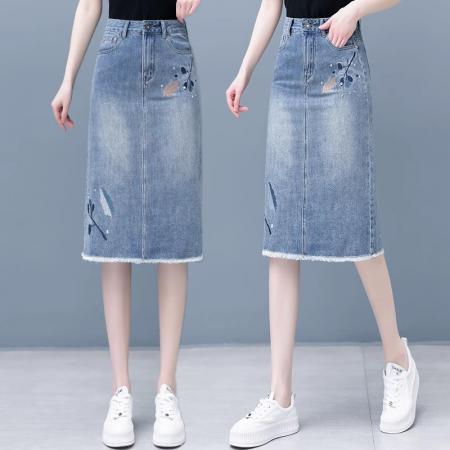 BY16521# 毛边牛仔半身裙女夏季新款高腰显瘦时尚中长款一步包臀裙子  服裝批發女裝批發服飾貨源
