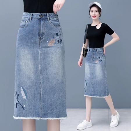 BY16521# 毛边牛仔半身裙女夏季新款高腰显瘦时尚中长款一步包臀裙子  服裝批發女裝批發服飾貨源