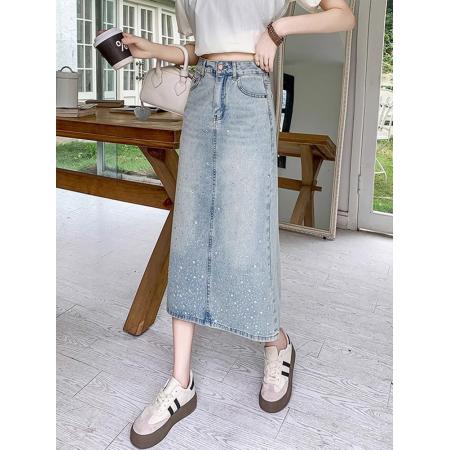 BY16522# 高级感烫钻牛仔半身裙女夏季新款高腰显瘦中长款A字开叉裙子  服裝批發女裝批發服飾貨源
