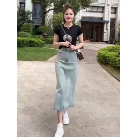 BY16522# 高级感烫钻牛仔半身裙女夏季新款高腰显瘦中长款A字开叉裙子  服裝批發女裝批發服飾貨源