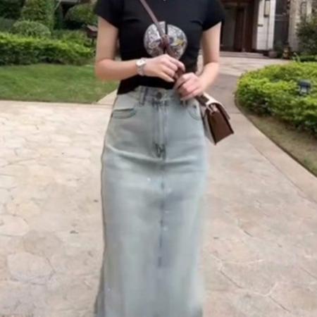 BY16522# 高级感烫钻牛仔半身裙女夏季新款高腰显瘦中长款A字开叉裙子  服裝批發女裝批發服飾貨源