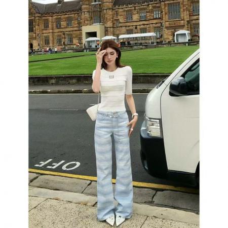 BY16523# 新品春秋时尚渐变条纹纯棉牛仔裤韩版设计感中高腰微弹长裤  服裝批發女裝批發服飾貨源