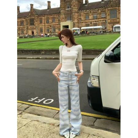 BY16523# 新品春秋时尚渐变条纹纯棉牛仔裤韩版设计感中高腰微弹长裤  服裝批發女裝批發服飾貨源