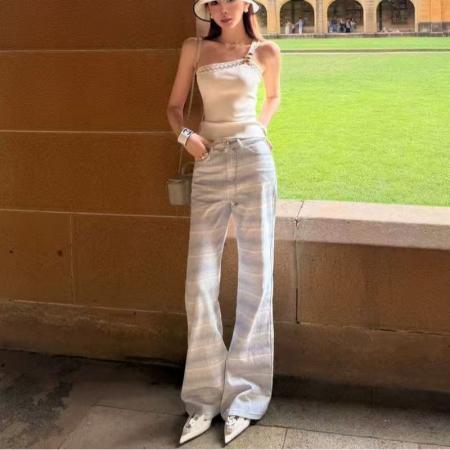 BY16523# 新品春秋时尚渐变条纹纯棉牛仔裤韩版设计感中高腰微弹长裤  服裝批發女裝批發服飾貨源