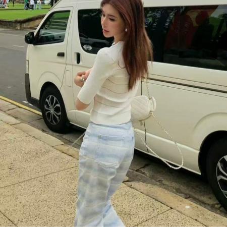 BY16523# 新品春秋时尚渐变条纹纯棉牛仔裤韩版设计感中高腰微弹长裤  服裝批發女裝批發服飾貨源