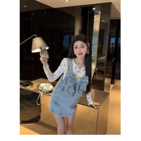 BY16525# 通勤A字裙无袖韩版短裙甜美风可爱立体蝴蝶结方领牛仔背带连衣裙  服裝批發女裝批發服飾貨源