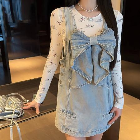 BY16525# 通勤A字裙无袖韩版短裙甜美风可爱立体蝴蝶结方领牛仔背带连衣裙  服裝批發女裝批發服飾貨源