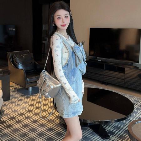 BY16525# 通勤A字裙无袖韩版短裙甜美风可爱立体蝴蝶结方领牛仔背带连衣裙  服裝批發女裝批發服飾貨源