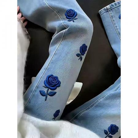 BY16526# 高腰时尚百搭长裤蓝色玫瑰刺绣牛仔裤女流行新款轻奢百搭直筒裤子  服裝批發女裝批發服飾貨源
