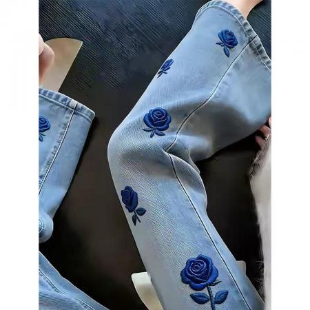 BY16526# 高腰时尚百搭长裤蓝色玫瑰刺绣牛仔裤女流行新款轻奢百搭直筒裤子  服裝批發女裝批發服飾貨源