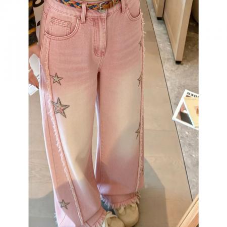 BY16527# 高腰直筒阔腿裤韩系独特设计感星星刺绣粉色牛仔裤女宽松阔腿长裤  服裝批發女裝批發服飾貨源