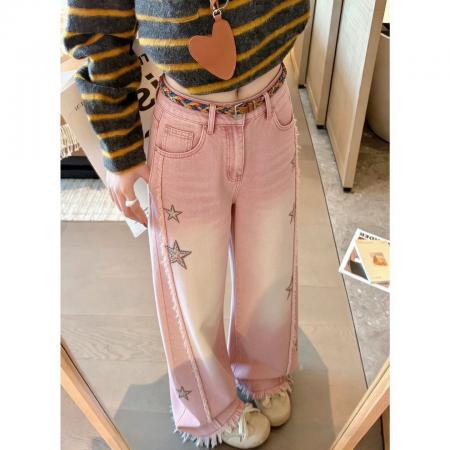 BY16527# 高腰直筒阔腿裤韩系独特设计感星星刺绣粉色牛仔裤女宽松阔腿长裤  服裝批發女裝批發服飾貨源