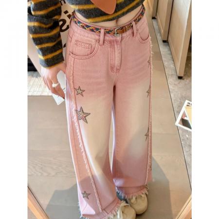 BY16527# 高腰直筒阔腿裤韩系独特设计感星星刺绣粉色牛仔裤女宽松阔腿长裤  服裝批發女裝批發服飾貨源